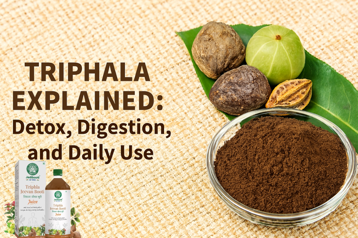 Triphala powder made from Amla, Haritaki, and Bibhitaki for Ayurvedic detox and digestion